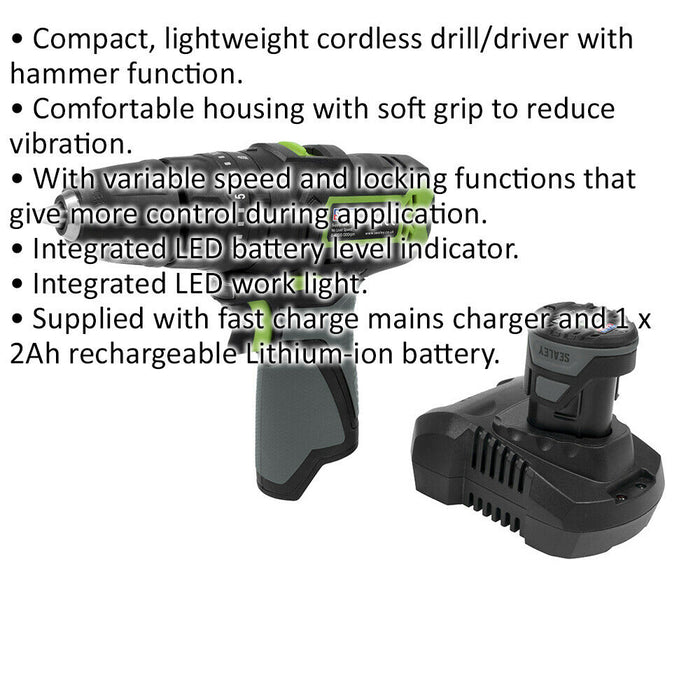 Cordless Hammer Drill Driver Kit - 10.8V 2Ah Lithium-ion Battery - 10mm Chuck Loops