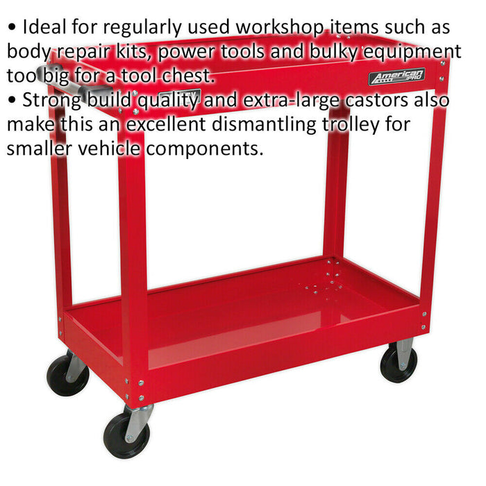 2 Level Workshop Trolley - 50kg Per Shelf - 840 x 405 x 810mm - Large Castors Loops