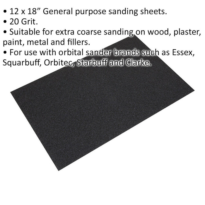 20 PACK Orbital Sanding Sheets - 12 x 18 Inch - 20 Grit - Electric Sander Paper Loops