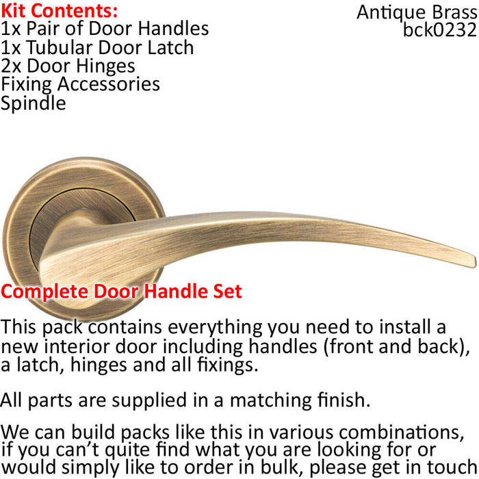 Door Handle & Latch Pack Antique Brass Slim Arched Lever Screwless Round Rose Loops