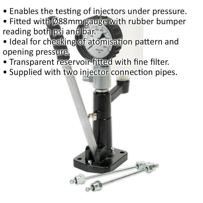 Diesel Injector Nozzle Tester - 88mm Pressure Gauge - Transparent Reservoir Loops