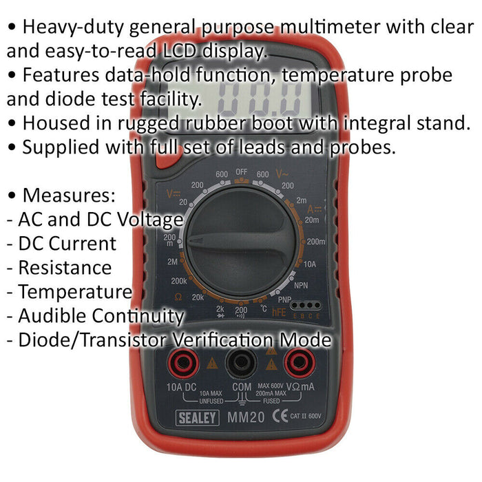 8 Function Digital Multimeter with Thermocouple - Leads & Probes - Heavy Duty Loops