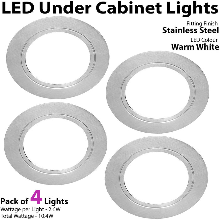 4x 2.6W LED Kitchen Cabinet Flush Spot Light & Driver Stainless Steel Warm White Loops