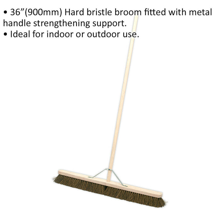 900mm Extra Wide Hard Bristled Broom - Wooden Handle - Metal Support Beam Loops