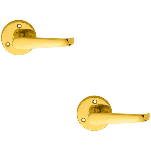 2x PAIR Victorian Straight Shaped Lever on 59mm Round Rose Polished Brass Handle Loops