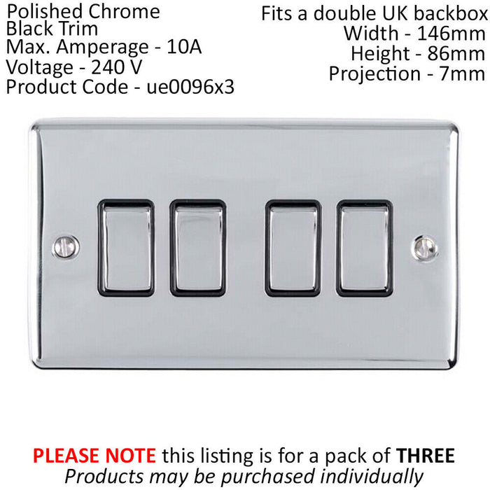 3 PACK 4 Gang Metal Quad Light Switch POLISHED CHROME 2 Way 10A Black Trim Loops