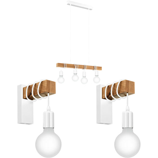 Quad Ceiling Light & 2x Matching Wall Lights White & Wood Hanging Trendy Lamp Loops