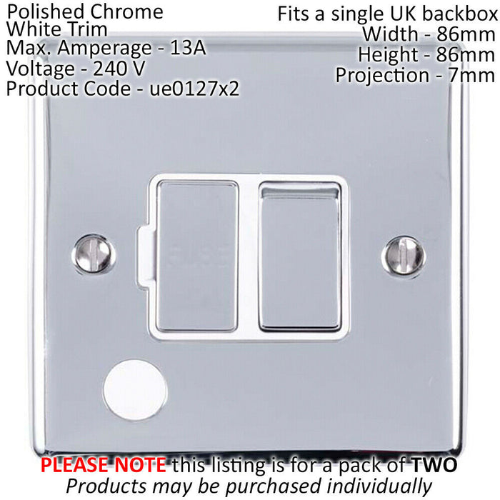 2 PACK 13A DP Switched Fuse Spur & Flex Outlet CHROME & White Isolation Loops