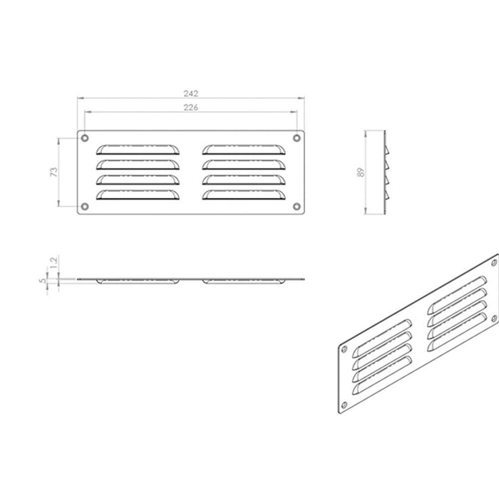 2x 242 x 89mm Hooded Louvre Airflow Vent Satin Chrome Internal Door Plate Loops