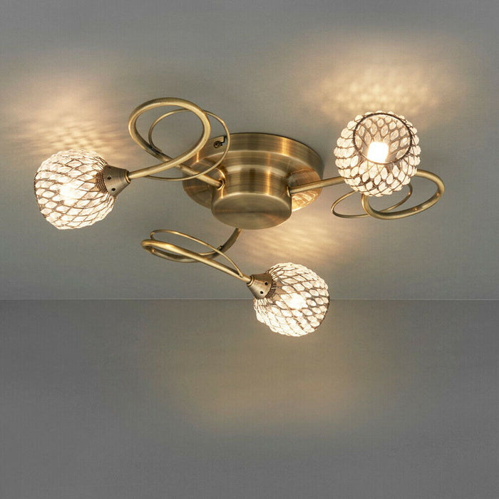 Semi Flush Ceiling Light Brass Glass Beads 3 Bulb Hanging Pendant Lamp Shade Loops