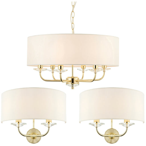 6 Bulb Ceiling Pendant Lamp & 2x Matching Twin Wall Light Modern Brass Plate Loops