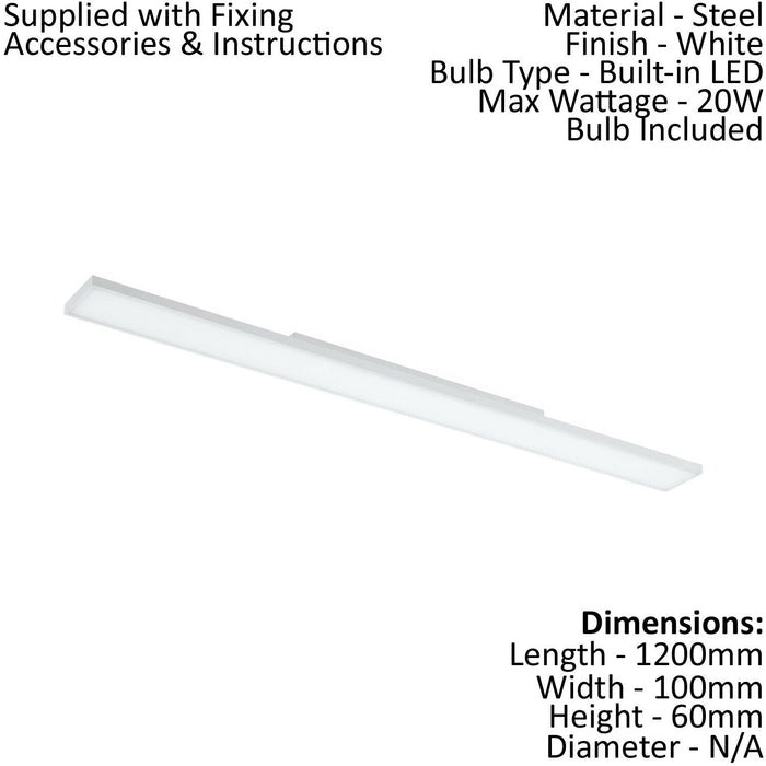 Wall / Ceiling Light White 1200mm Slim Strip Panel 20W Built in LED 4000K Loops