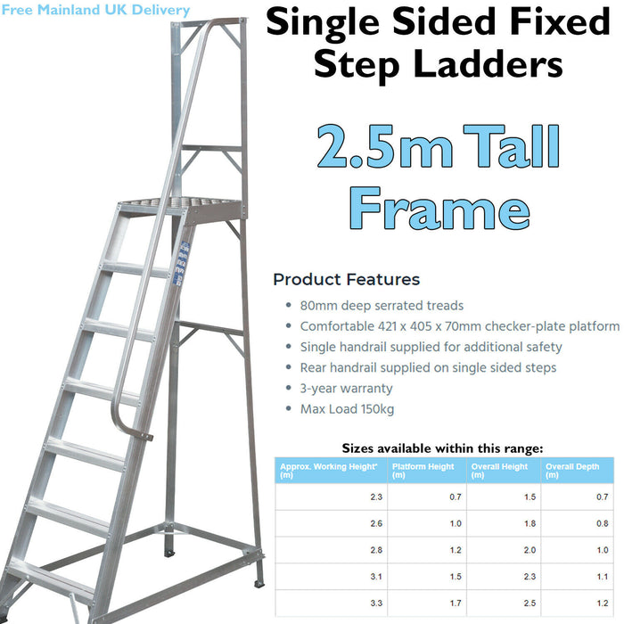 1.7m Heavy Duty Single Sided Fixed Step Ladders Handrail Platform Safe ...