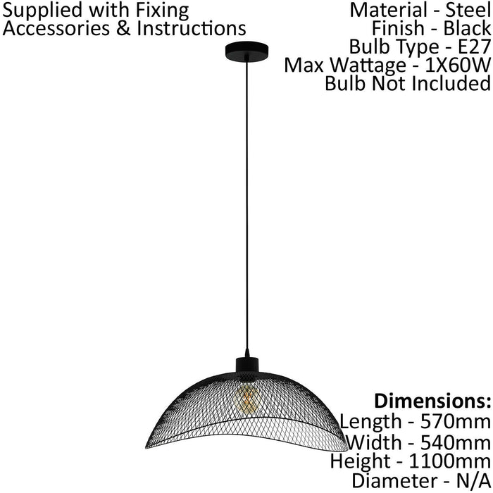 Hanging Ceiling Pendant Light Black Steel Mesh Shade 1x 60W E27 Feature Lamp Loops