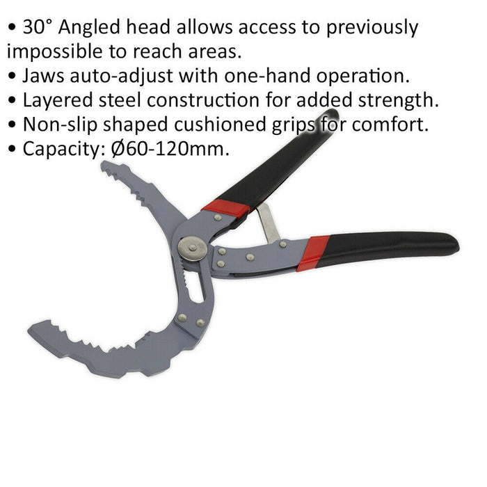 Self-Adjusting Angled Oil Filter Pliers - 60mm to 120mm Capacity - Serrated Jaws Loops