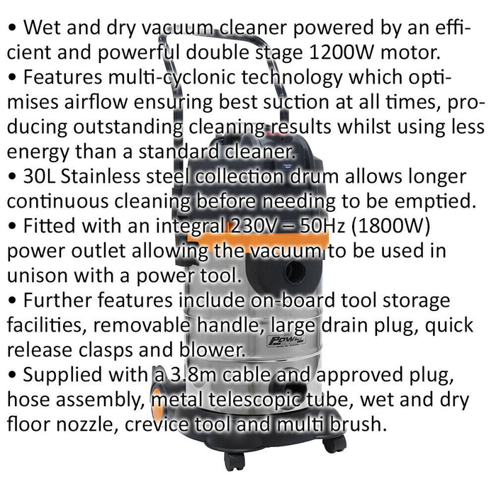 1200W Industrial Wet & Dry Vacuum Cleaner - 30L Bagless Stainless Steel Drum Loops