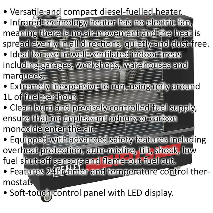 13 kW Industrial Infrared Diesel Heater - 50L Fuel Tank - Overheat Protection Loops