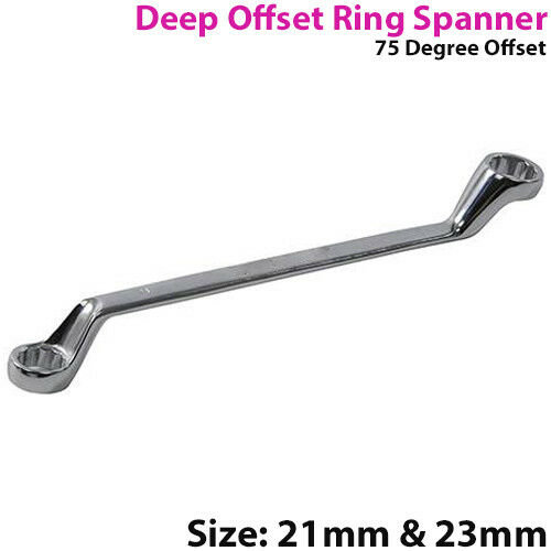 21mm & 23mm Deep 75° Offset Double Ended Ring Spanner Hardened & Tempered Steel Loops