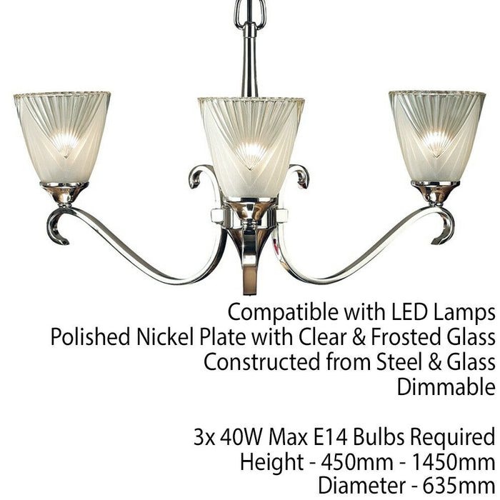 Luxury Hanging Ceiling Pendant Light Bright Nickel Deco Glass 3 Lamp Chandelier Loops