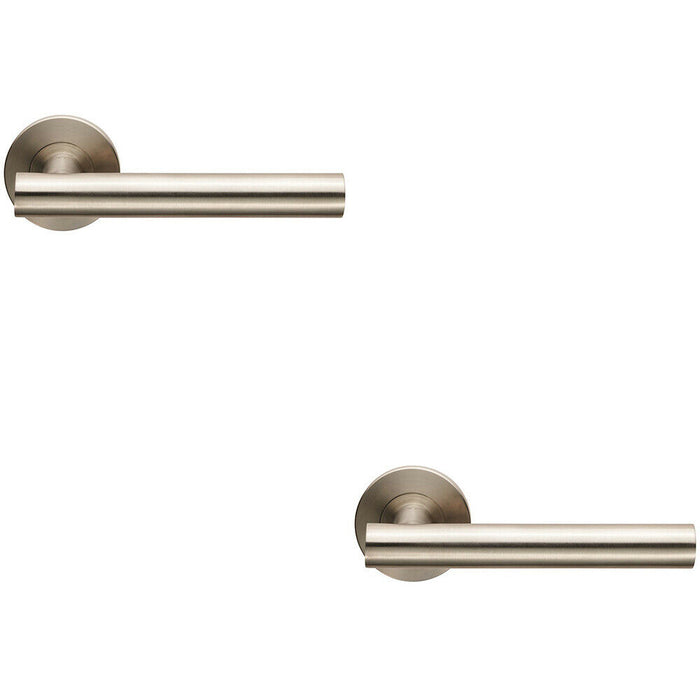 2x PAIR Straight Round T Bar Lever on Slim Round Rose Concealed Fix Satin Steel Loops