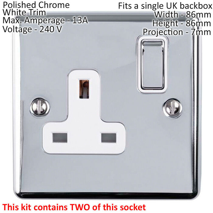 UK Plug Socket Pack -1x Twin & 2x Single Gang- CHROME / Grey 13A Switched Loops