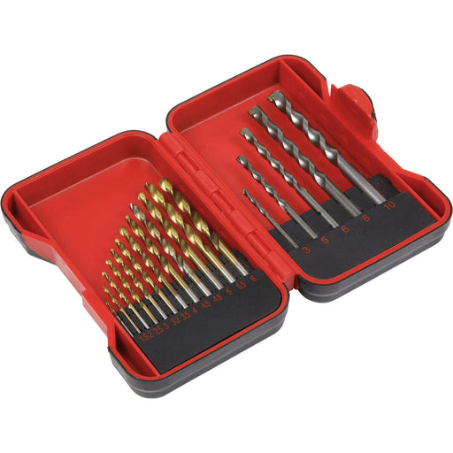 17 Piece Drill Bit Set - 12 Titanium Coated HSS & 5 Tungsten Steel Masonry Bits Loops