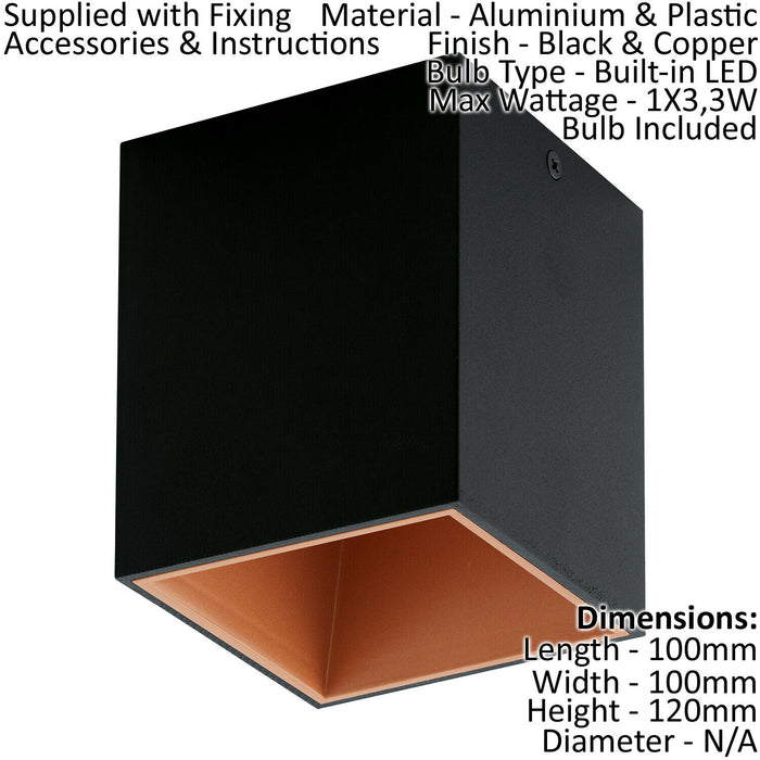 Wall / Ceiling Light Black & Copper Square Downlight 3.3W Built in LED Loops