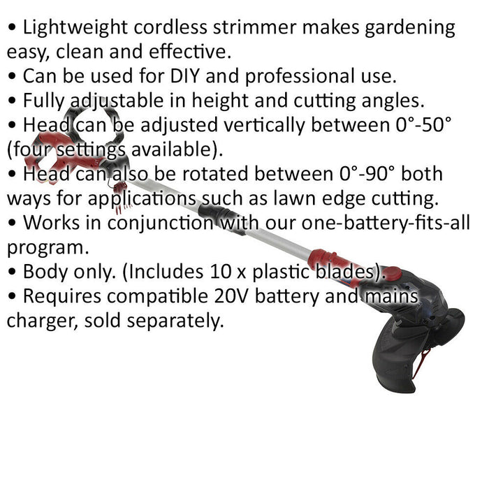 20V Lightweight Cordless Strimmer - Plastic Blade - BODY ONLY - Fully Adjustable Loops