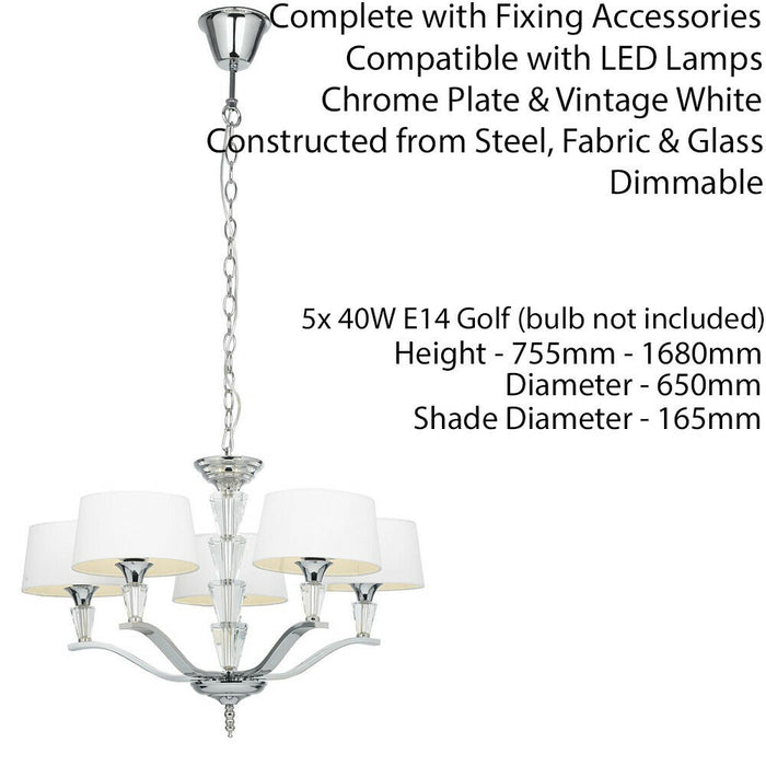 5 Light Ceiling Pendant CHROME & VINTAGE WHITE Round Shade Hanging Feature Lamp Loops
