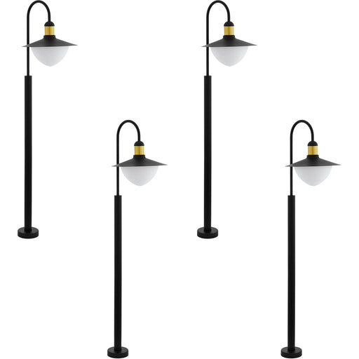 4 PACK IP44 Outdoor Bollard Light Black & Gold Curved Arm Post 1x 60W E27 Loops