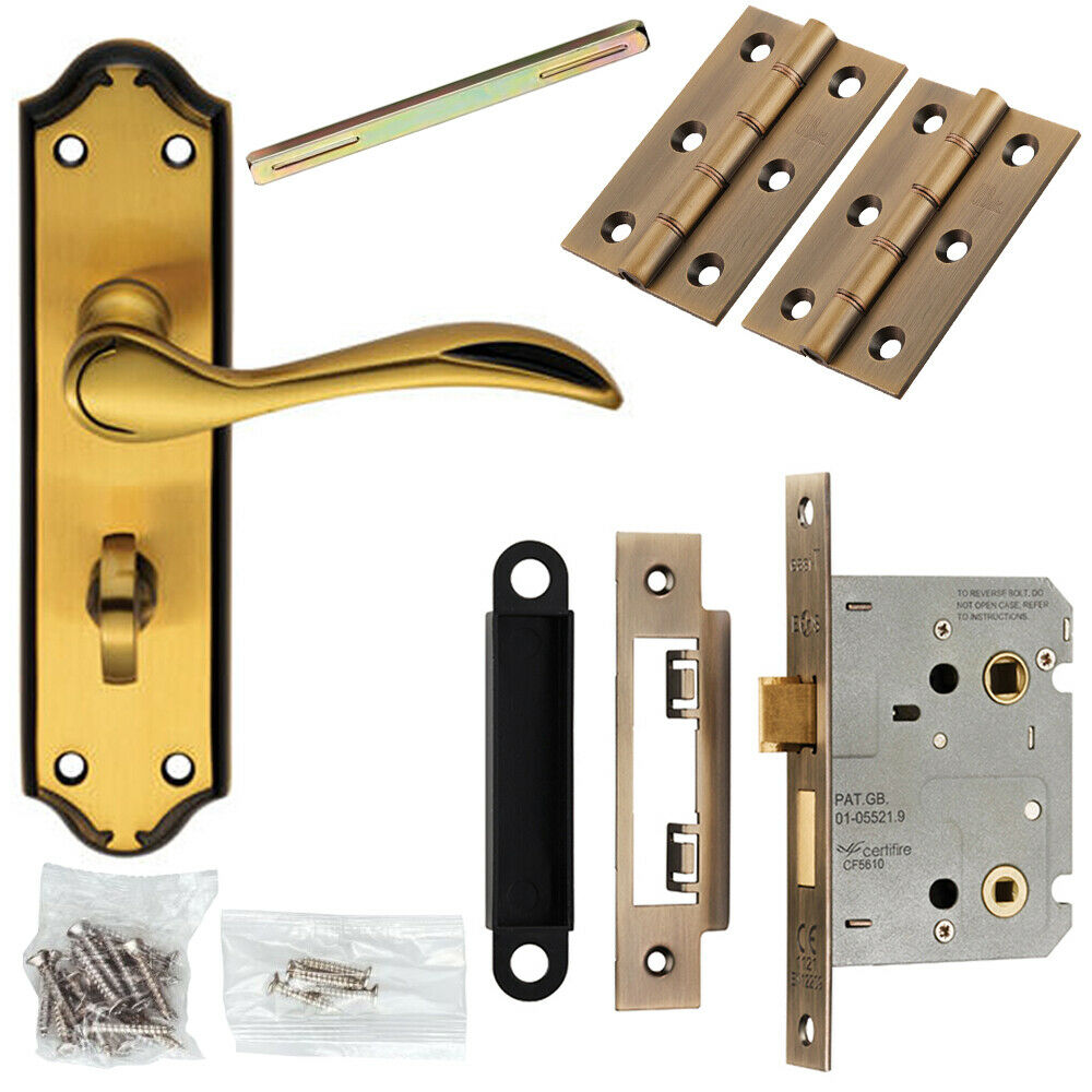 Door Handle & Bathroom Lock Pack Bronze Curved Lever Thumb Turn Backplate Loops