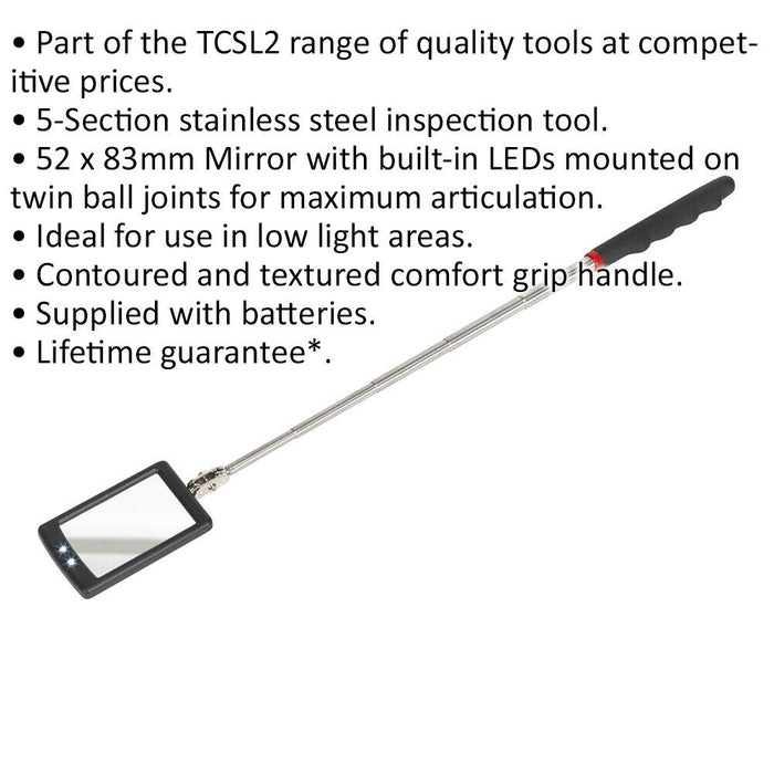 Telescopic Inspection Mirror - Dual LED Lights - 52mm x 83mm Mirror - Extending Loops