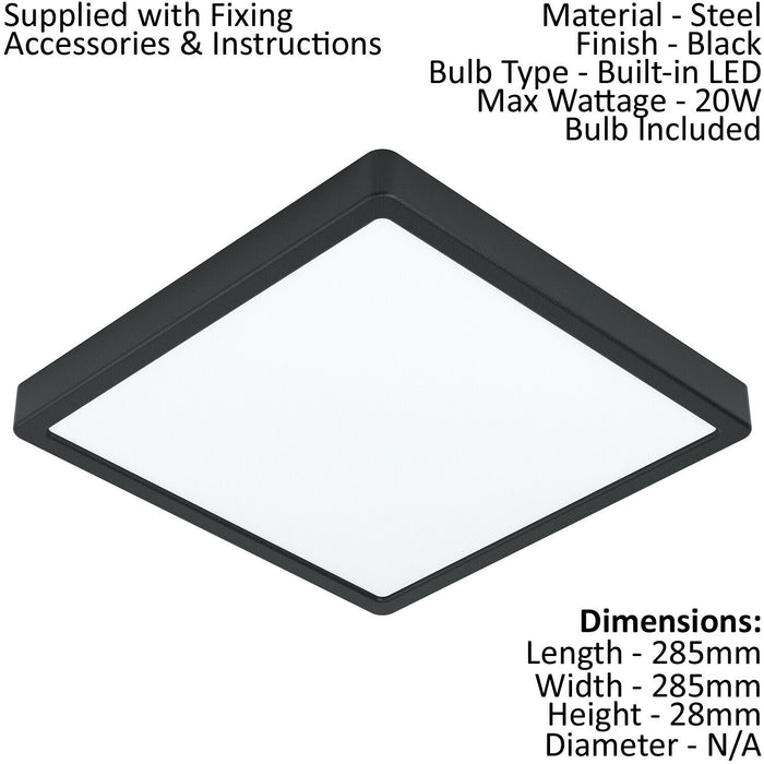 Wall / Ceiling Light Black 285mm Square Surface Mounted 20W LED 4000K Loops