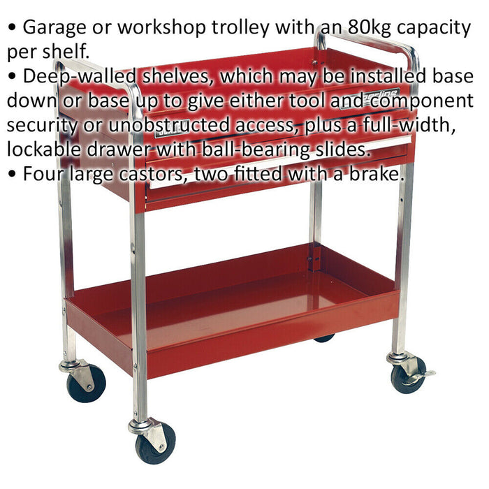 Heavy Duty 2 Level Workshop Trolley - Lockable Drawer - 80kg Per Shelf - Red Loops