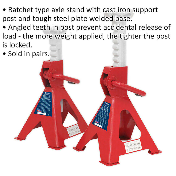 PAIR 2 Tonne Ratchet Type Axle Stands - 275mm to 425mm Working Height - Red Loops