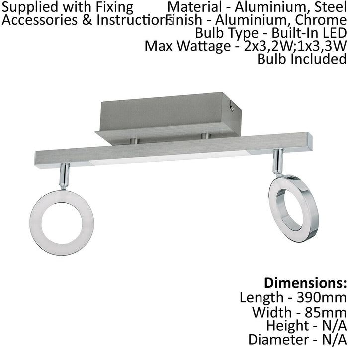 Wall Spot Light Aluminium Chrome Shade Satined Plastic Bulb LED 2x3.2W 1x3.3W Loops