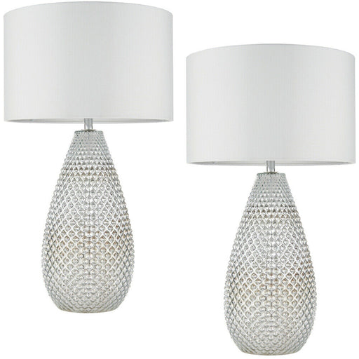 2 PACK Modern Textured Table Lamp Chrome Glass Base & White Shade Bedside Light Loops
