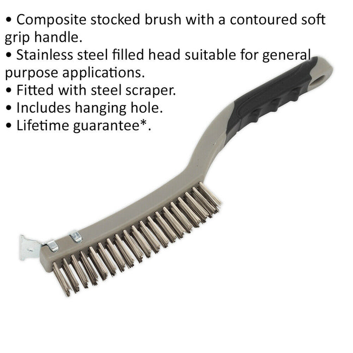 Composite Wire Brush with Stainless Steel Fill - Steel Scraper Blade - Soft Grip Loops