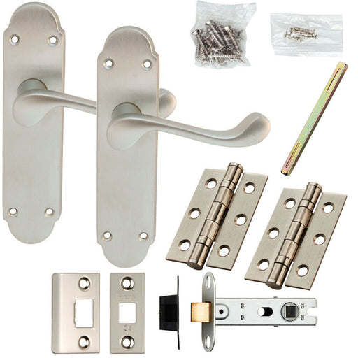 Door Handle & Latch Pack Satin Chrome Victorian Upturned Scroll Backplate Loops