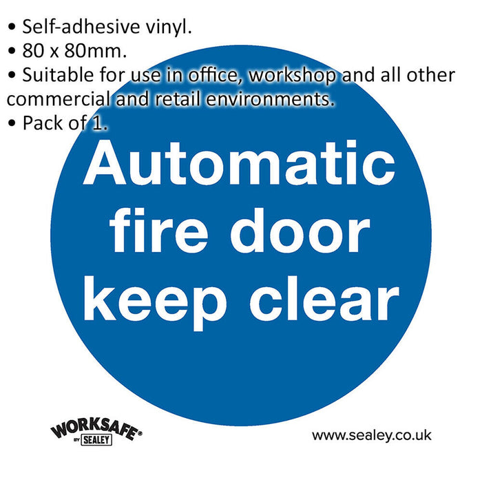 1x AUTOMATIC FIRE DOOR KEEP CLEAR Safety Sign - Self Adhesive 80 x 80mm Sticker Loops