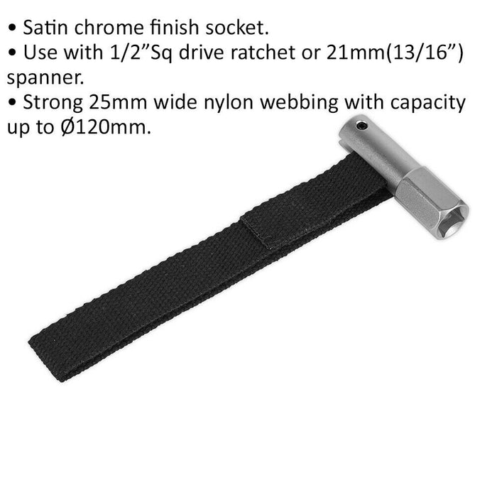 1/2" Sq Drive Oil Filter Strap Wrench - 120mm Diameter Capacity - Nylon Strap Loops