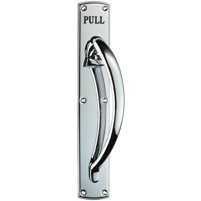 Curved Right Handed Door Pull Handle Engraved with 'Pull' Polished Chrome Loops