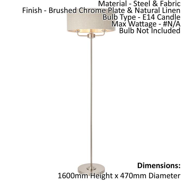 Floor Lamp Light - Brushed Chrome & Natural Linen - 3 x 40W E14  - Base & shade Loops