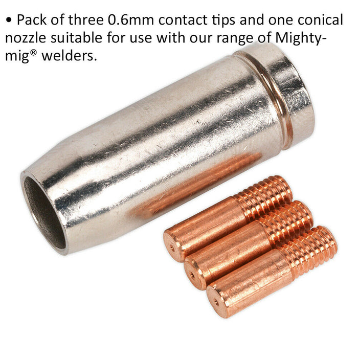 Contact Tip & Nozzle Bundle for MB15 Torches - 0.6mm Tips & Conical Nozzle Loops