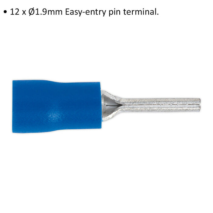 100 PACK Easy-Entry Pin Terminal - 12 x 1.9mm - Suits 16 to 14 AWG Cable - Blue Loops