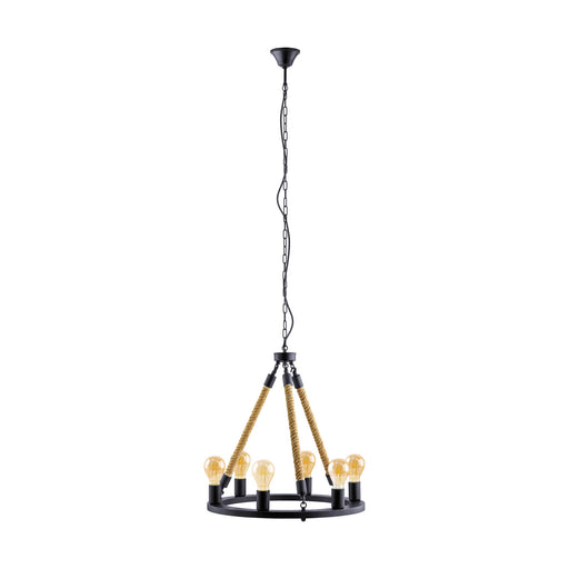 Hanging Ceiling Pendant Light Black & Rope 6x 60W E27 Round Feature Chandelier Loops