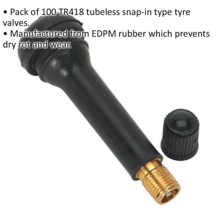 100 PK Snap-in Tubeless Tyre Valve TR412 - 49mm Length - Replacement Valve Loops