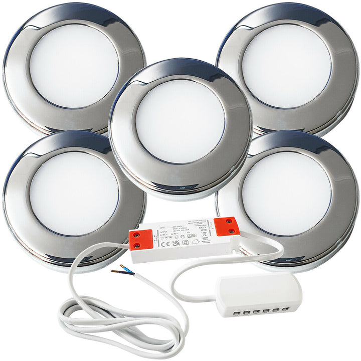 5x 2.6W LED Kitchen Cabinet Surface Spot Lights & Driver Chrome Natural White Loops
