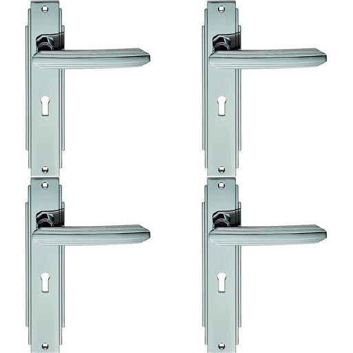 4x PAIR Line Detailed Handle on Lock Backplate 205 x 45mm Polished Chrome Loops