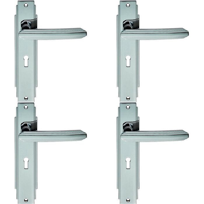 4x PAIR Line Detailed Handle on Lock Backplate 205 x 45mm Polished Chrome Loops
